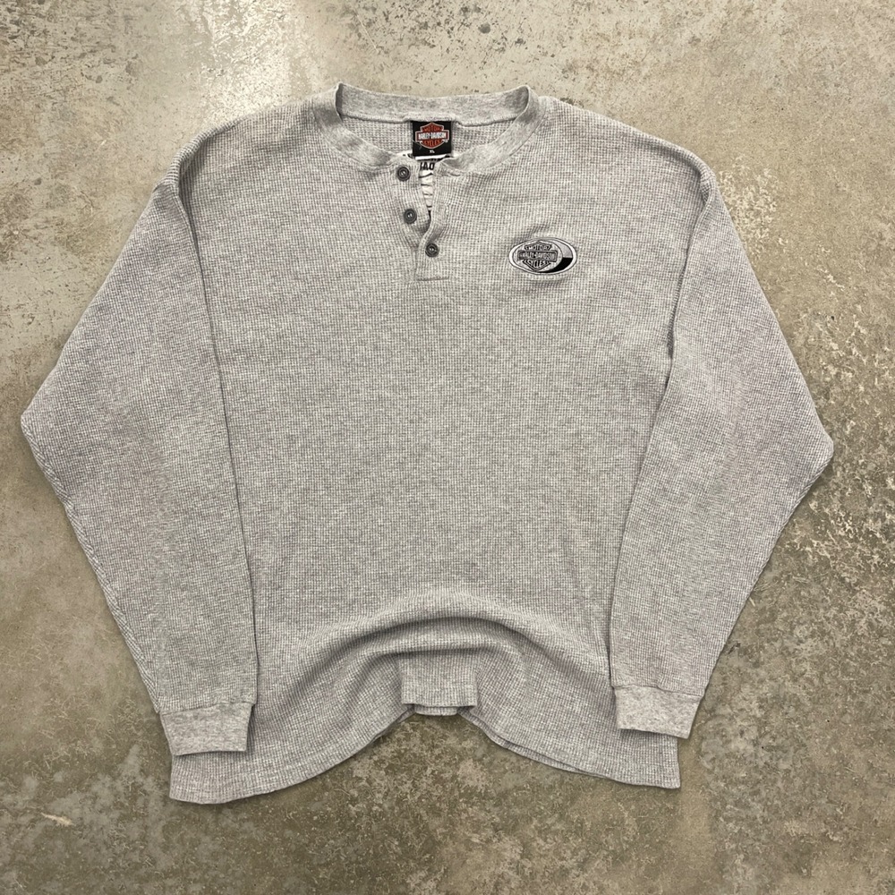 Harley Davidson Mens XL Gray Waffle Knit Thermal Henley Long Sleeve Shirt PA